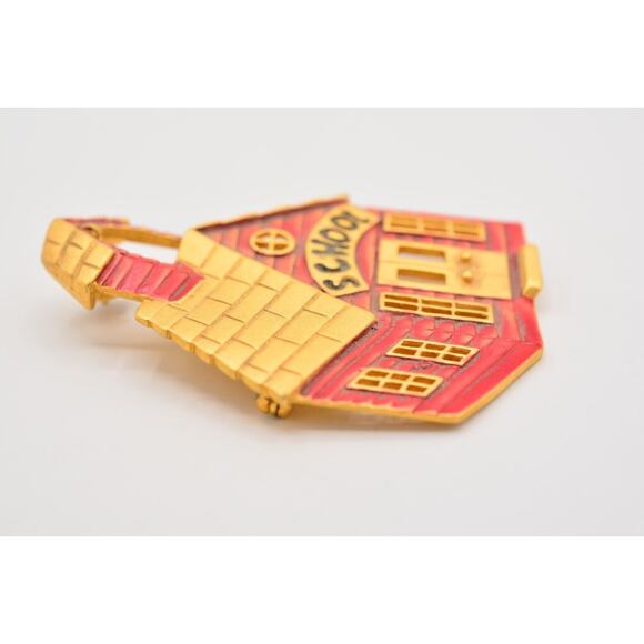 Tara Vintage School Pin Brooch Red Enamel Brushed Gold Signed 1980s Bin4 - Picture 10 of 12
